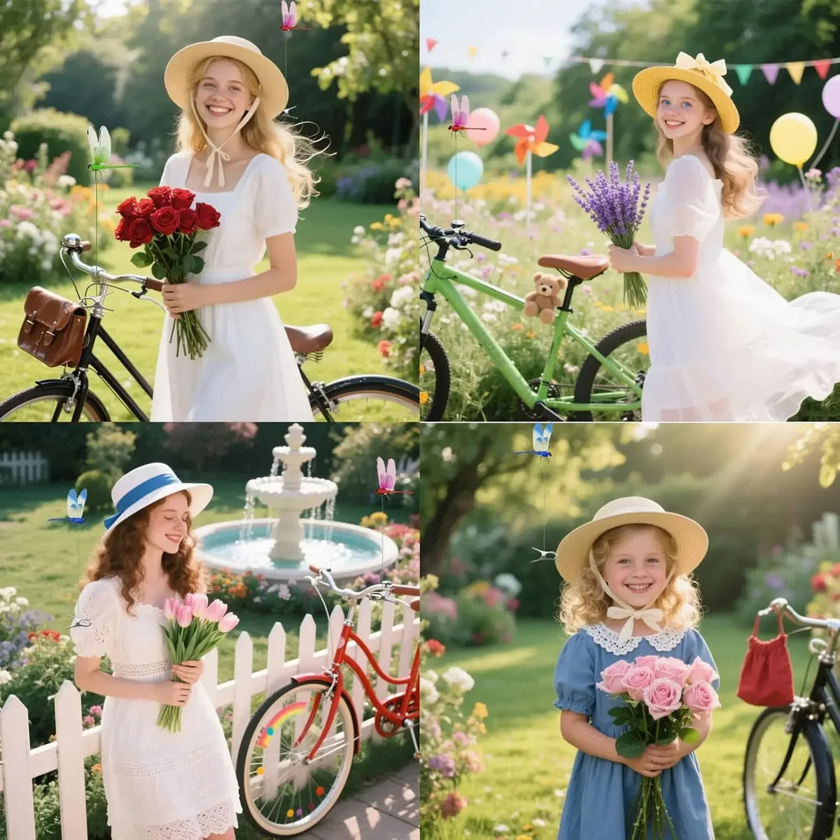 A young girl in a white dress is shown with a bicycle and flowers in a sunny outdoor setting.