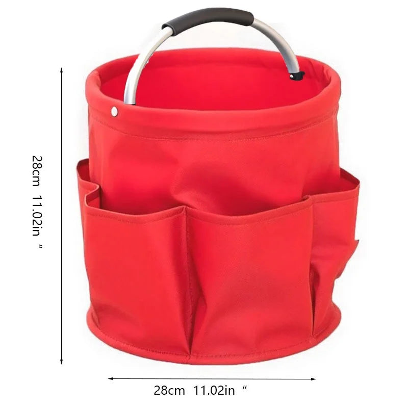 A bright red large folding storage organizer basket with a handle and multiple compartments.