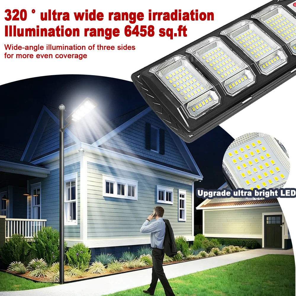 A rectangular LED light fixture is shown illuminating a house exterior at night.
