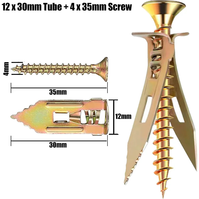 A set of self-tapping drywall expansion anchors including 12 x 30mm tube and 4 x 35mm screws.