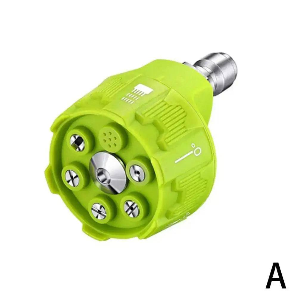 A bright lime green pressure washer nozzle set with multiple adjustable tips.
