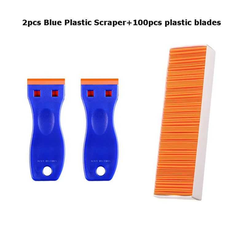 Two blue plastic scrapers and one pack of 100 plastic blades for precision scraping.