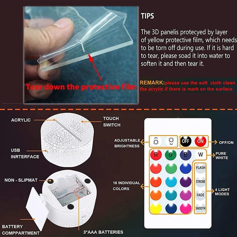 Luz nocturna con cuerpo de acrílico y pantalla LED de colores que muestra varios modos de luz.