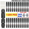A collection of 100 photovoltaic connectors in various sizes and types for solar panel wiring.