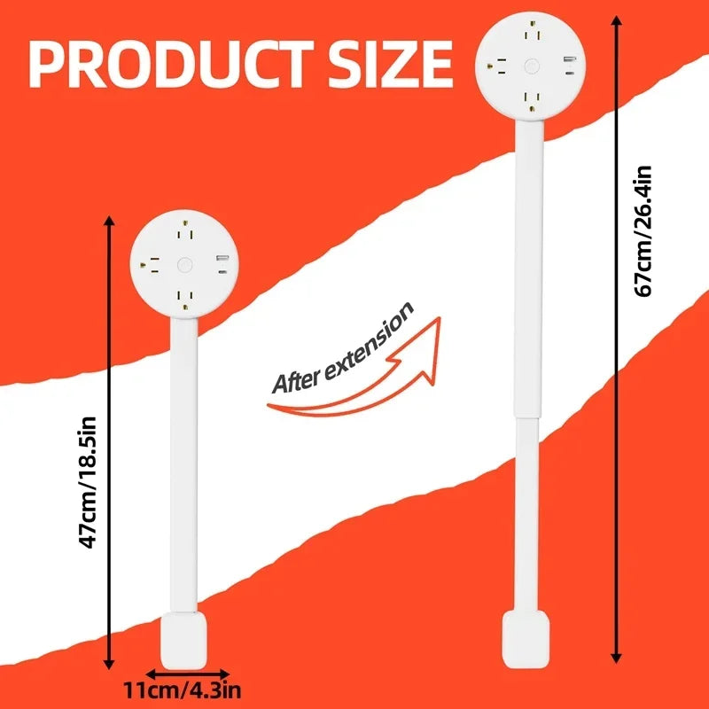 A white rotating electrical outlet extender shown with dimensions and an extended version.