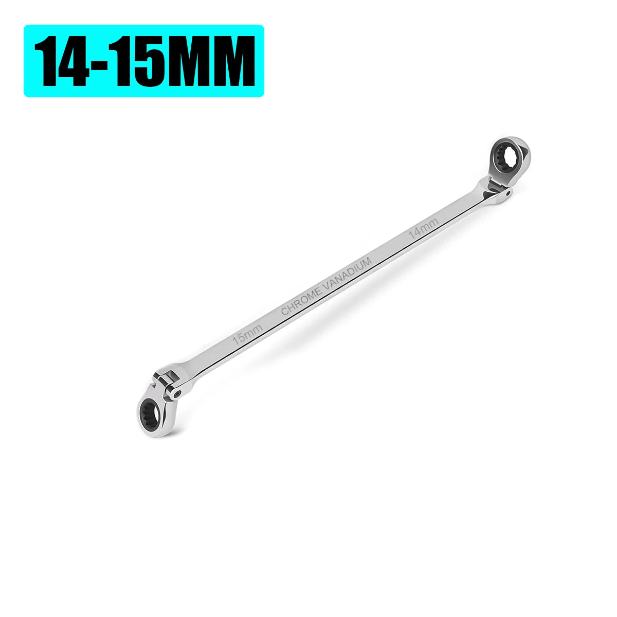 Llave ratchete de acero al vanadio cromo con marca de tamaño 14-15mm.