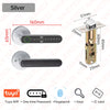 Silver smart fingerprint door lock showing various installation and usage options.