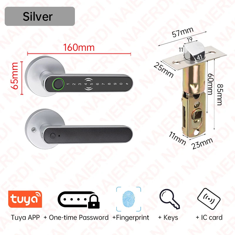 Silver smart fingerprint door lock showing various installation and usage options.