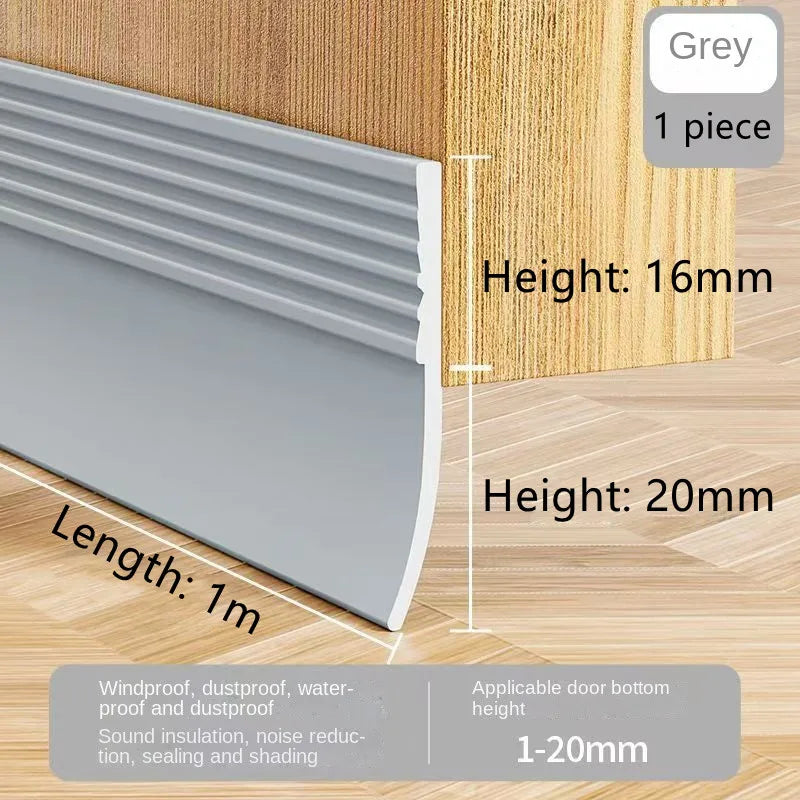 Grey door draft stopper seal strips showing various heights and lengths for sealing doors