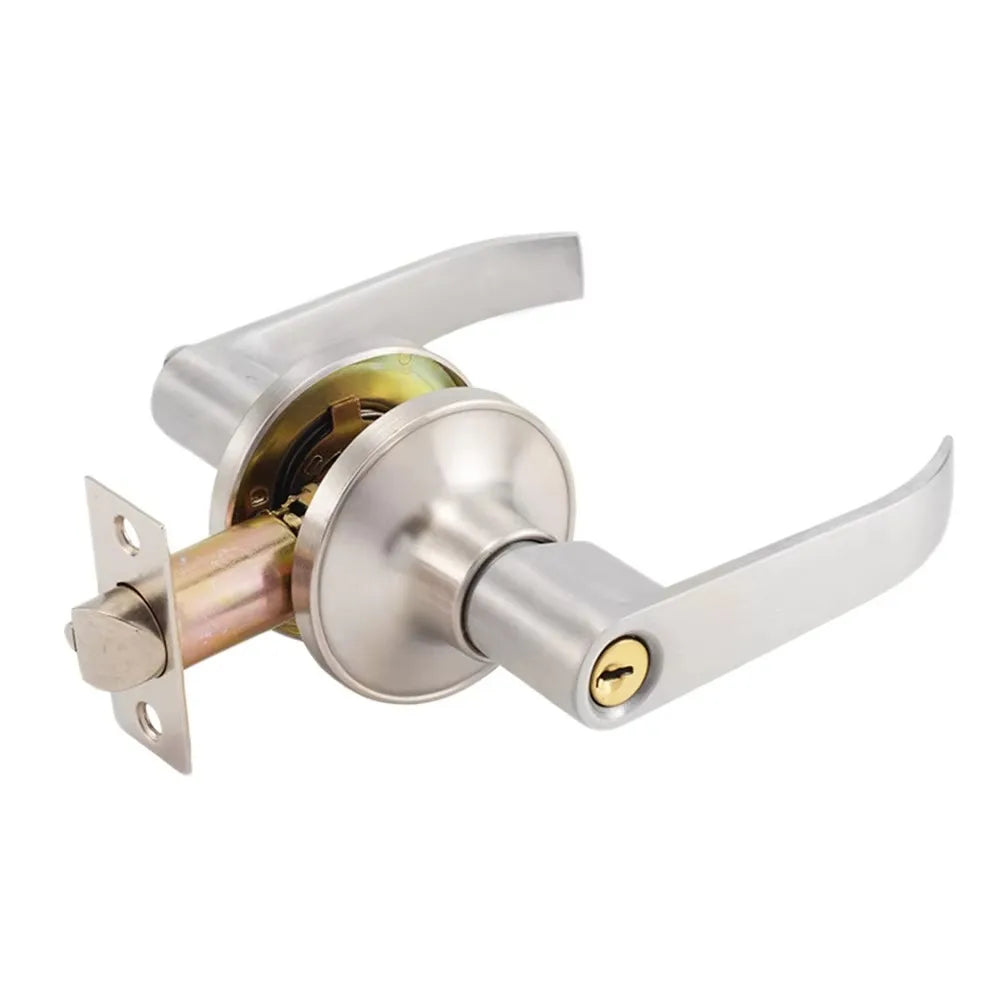 A silver three-pole spherical entry lock set with a round handle and lever.