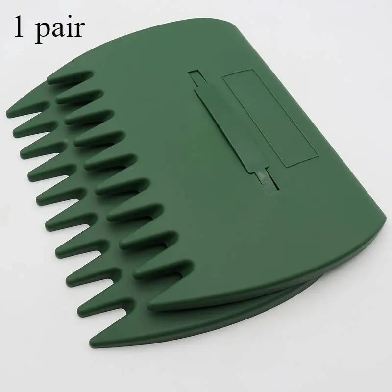 A pair of dark green plastic leaf grabbers or rake for yard cleaning.