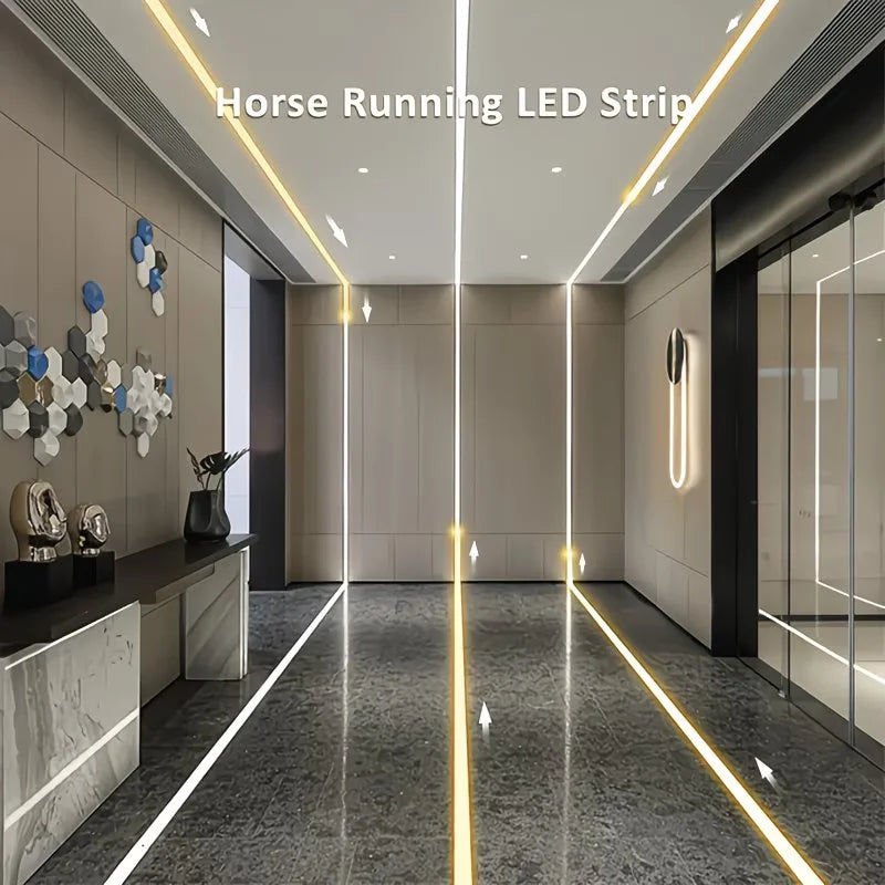 A modern interior featuring a Horse Running LED Strip lighting effect on the ceiling and floor.