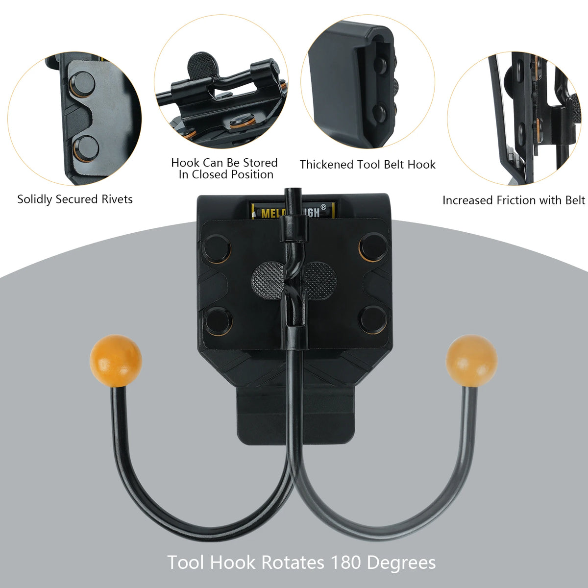 A black tool hook rotates 180 degrees, featuring solidly secured rivets and a thickened belt hook.