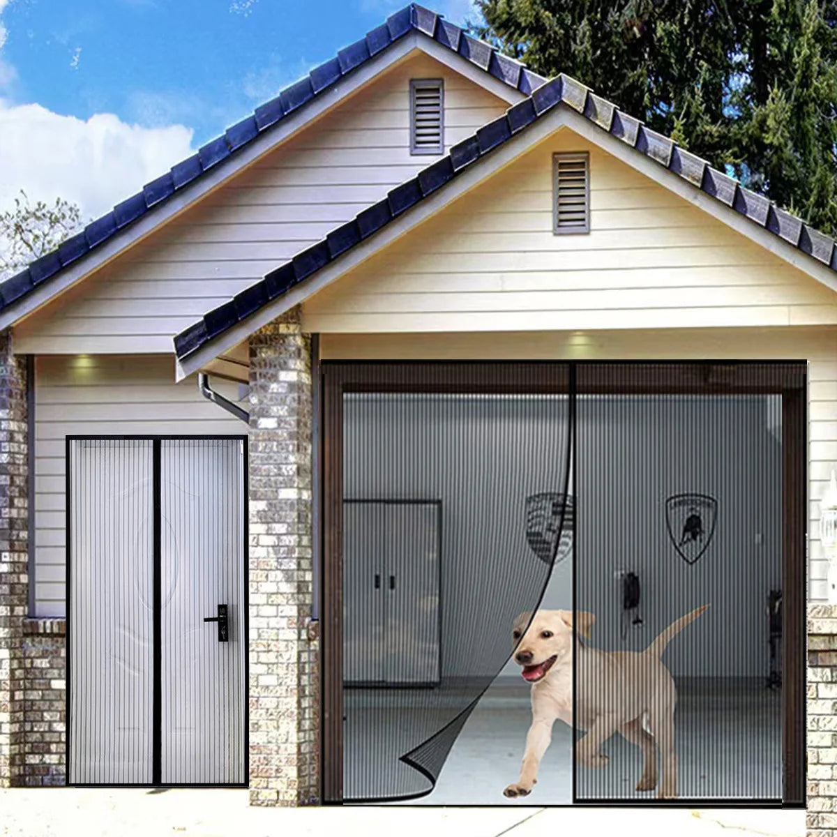A modern gray automatic magnetic mesh door screen installed in a light-colored house entryway.