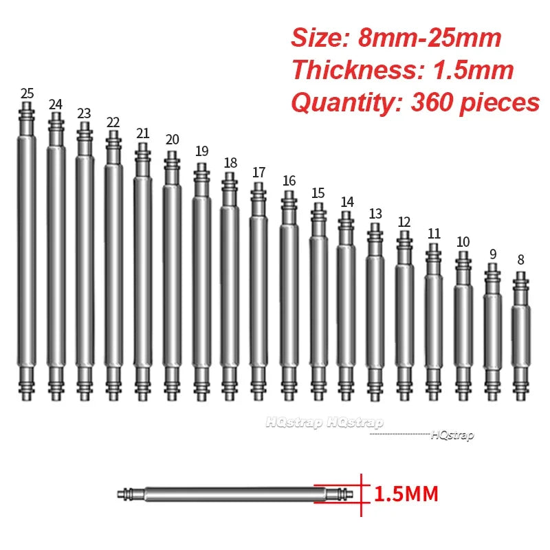 A set of 360 stainless steel watch repair pins and spring bars with an 1.5mm thickness.