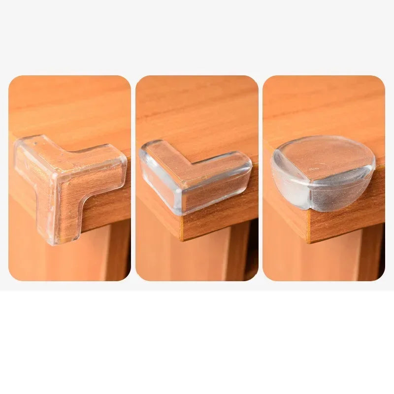 Three silicone corner edge guards in translucent light brown color shown against a wooden surface.