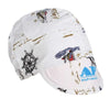 A white welding cap featuring a distressed texture and an American flag design.