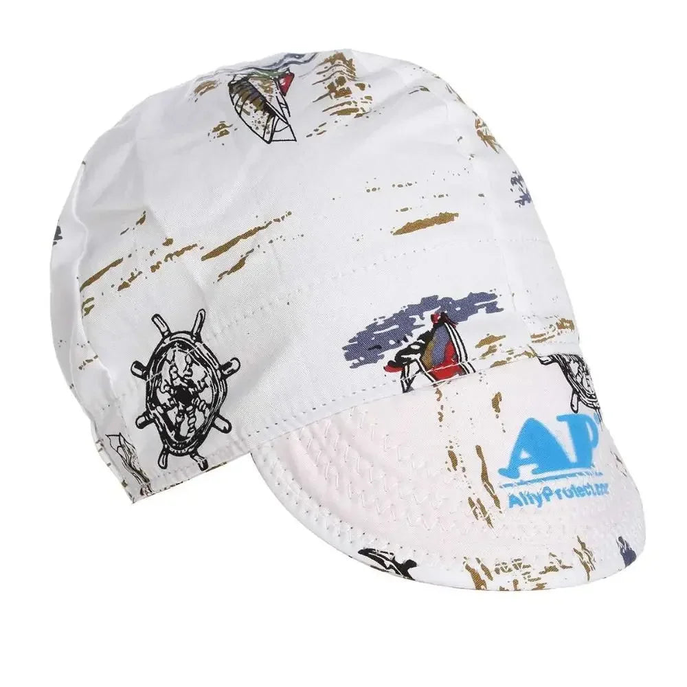A white welding cap featuring a distressed texture and an American flag design.