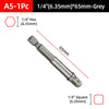 A set of 1/4 inch hex and square socket adapters in grey for power tools.