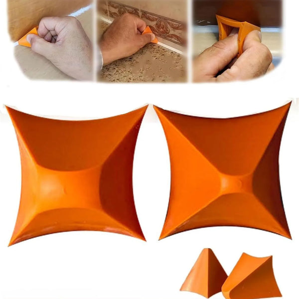 Orange silicone seam filling tool kit showing various tools and a finished product