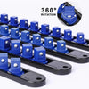 A black and blue tool organizer rail with swivel sockets shown in various angles for 360 rotation.