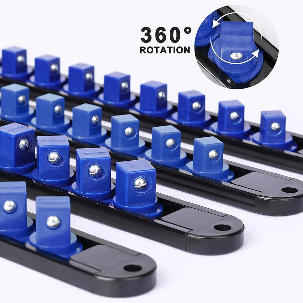 A black and blue tool organizer rail with swivel sockets shown in various angles for 360 rotation.
