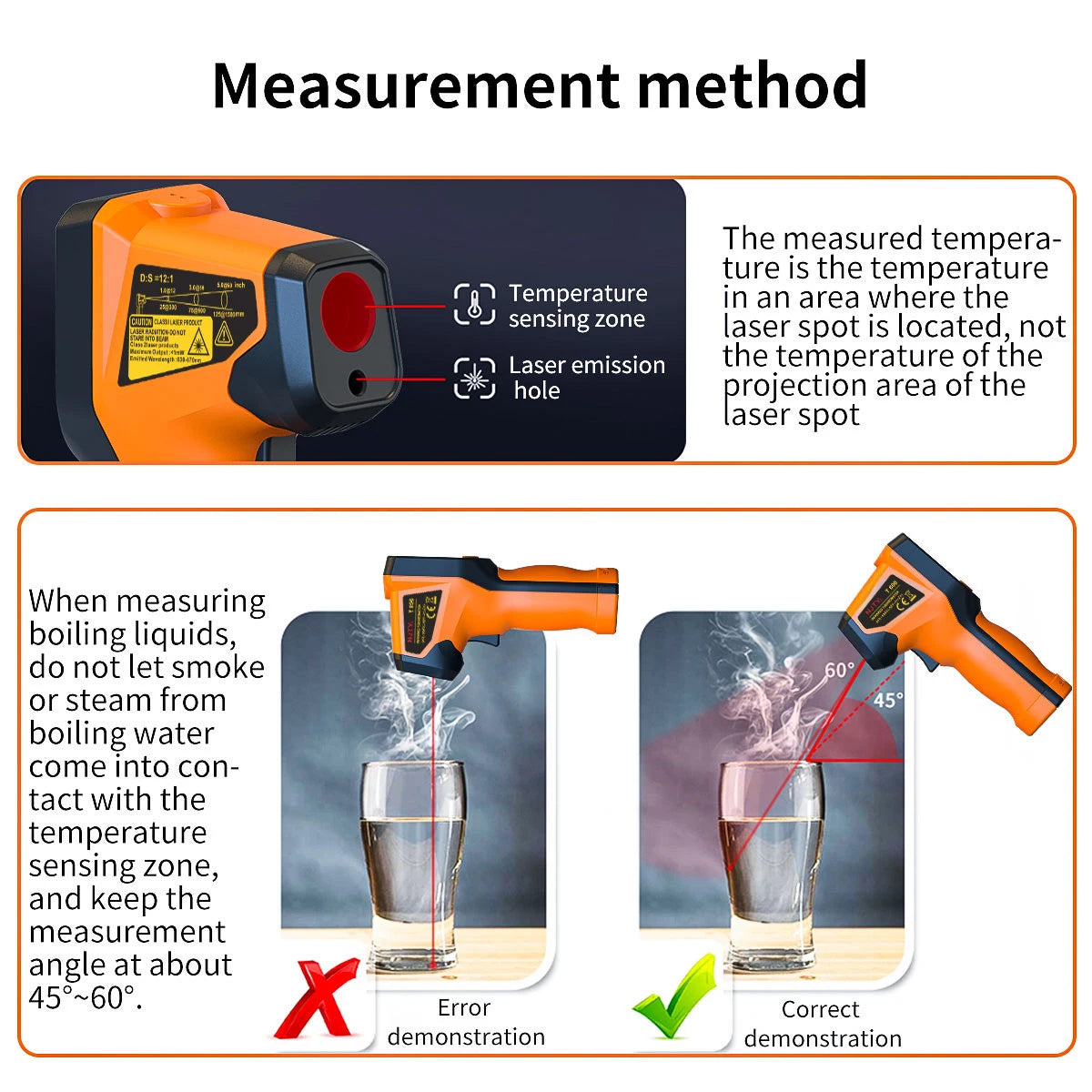 A high precision digital infrared thermometer gun is shown demonstrating correct measurement of boiling liquids.