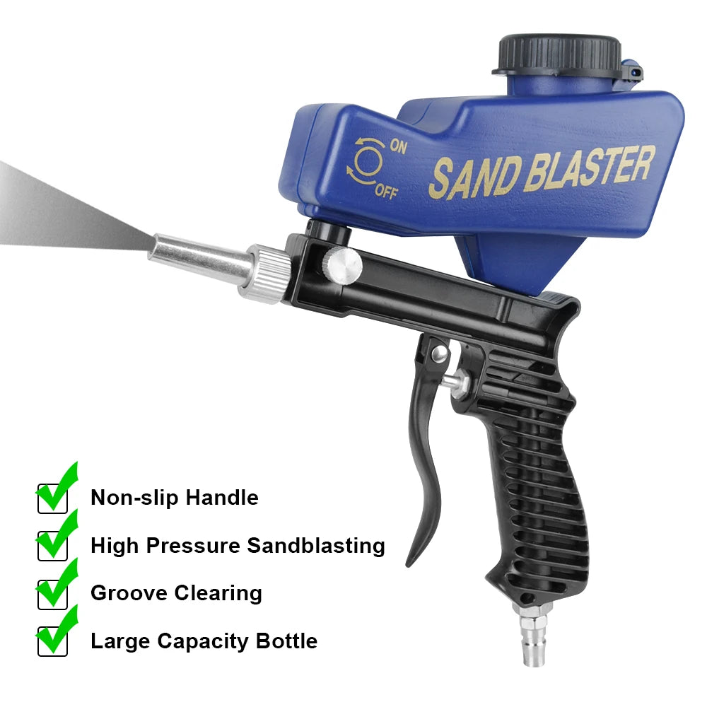 A blue pneumatic sandblasting gun with a non-slip handle and large capacity bottle.