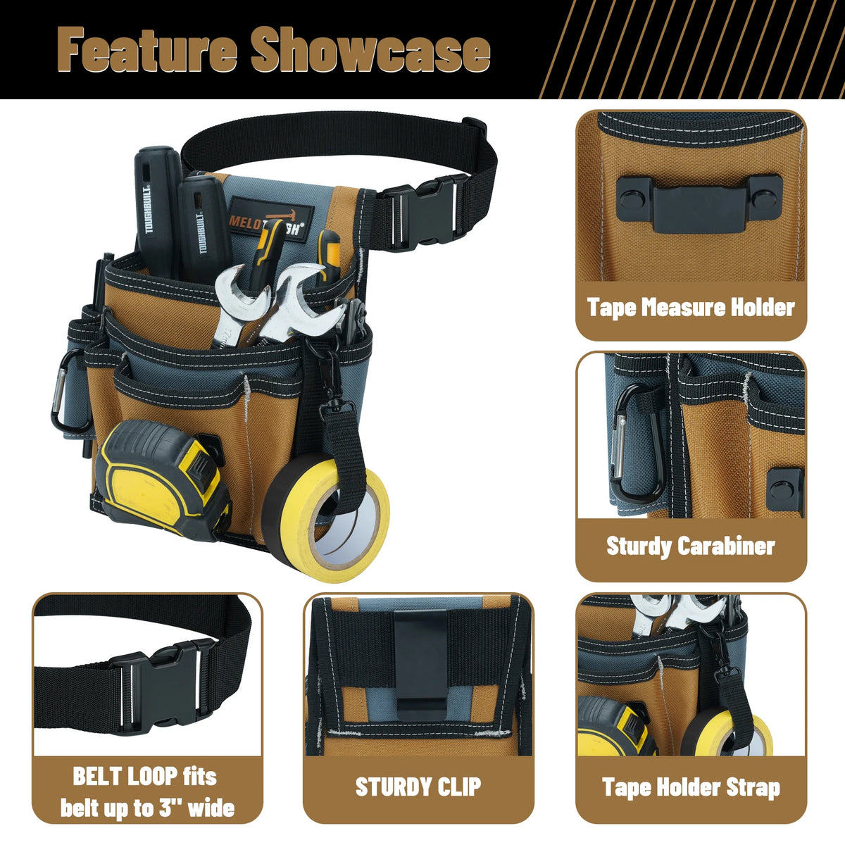 A brown tool organizer pouch with various pockets and accessories, including a tape measure holder and sturdy carabiner.