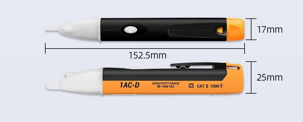 An orange and black non-contact AC voltage detector pen with a 17mm length and 25mm width.