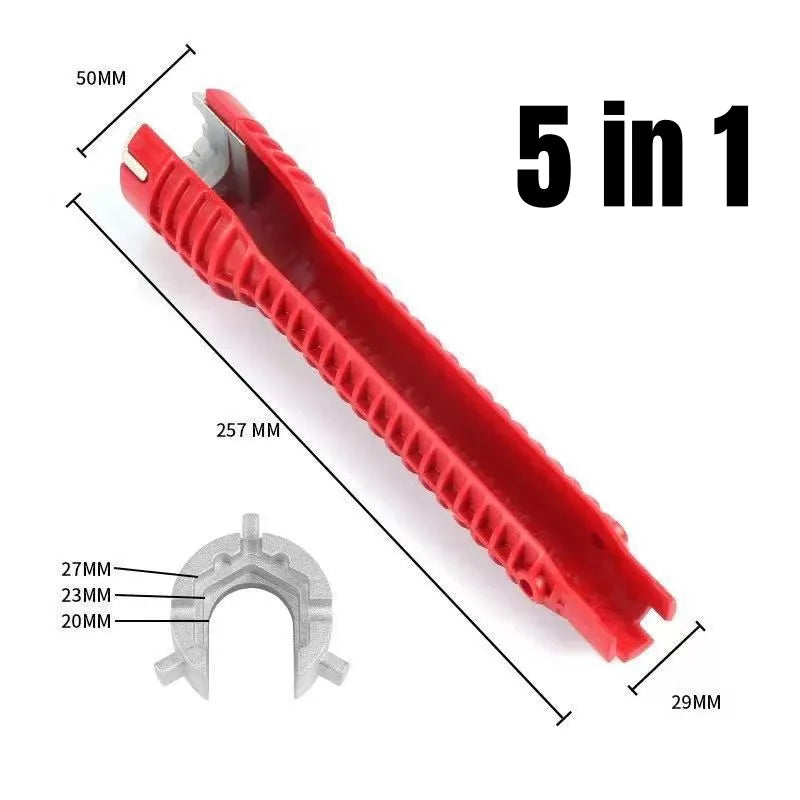 Rotes 5-in-1 Multifunktionswerkzeug-Hebelset mit verschiedenen Öffnungen und Maßen.