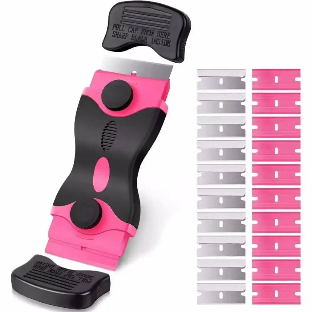 A black dual-sided auto glass scraper tool with pink grips and a rubber blade for removing stickers and residue.