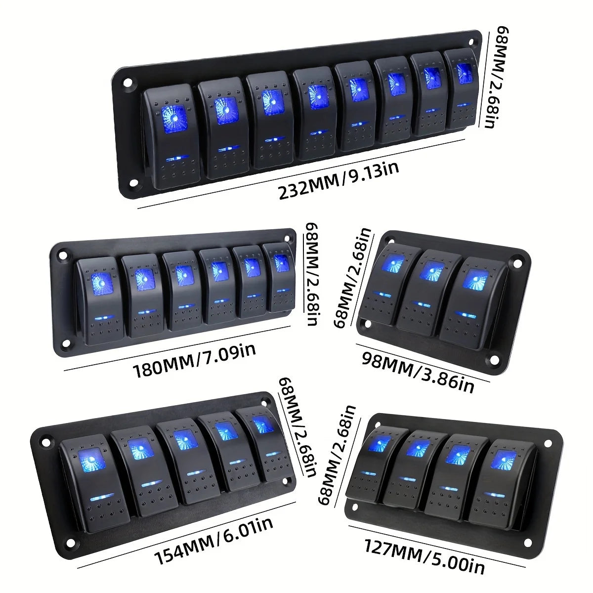 A collection of multi-group rocker switch panels in various sizes and configurations for automotive and off-road lighting.