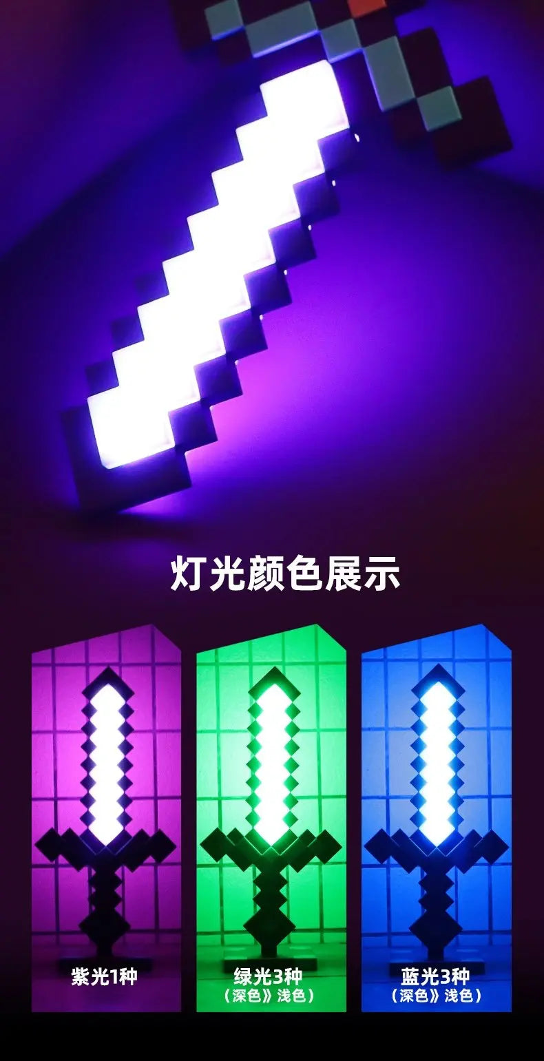 Three versions of a light-up diamond sword prop are displayed in purple, green, and blue lights.