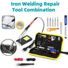 Iron welding repair tool combination kit featuring soldering irons and a digital multimeter in a yellow case