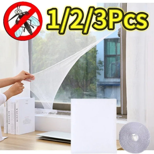 Three self-adhesive mosquito nets are shown in a package, demonstrating their use for covering windows and doors.