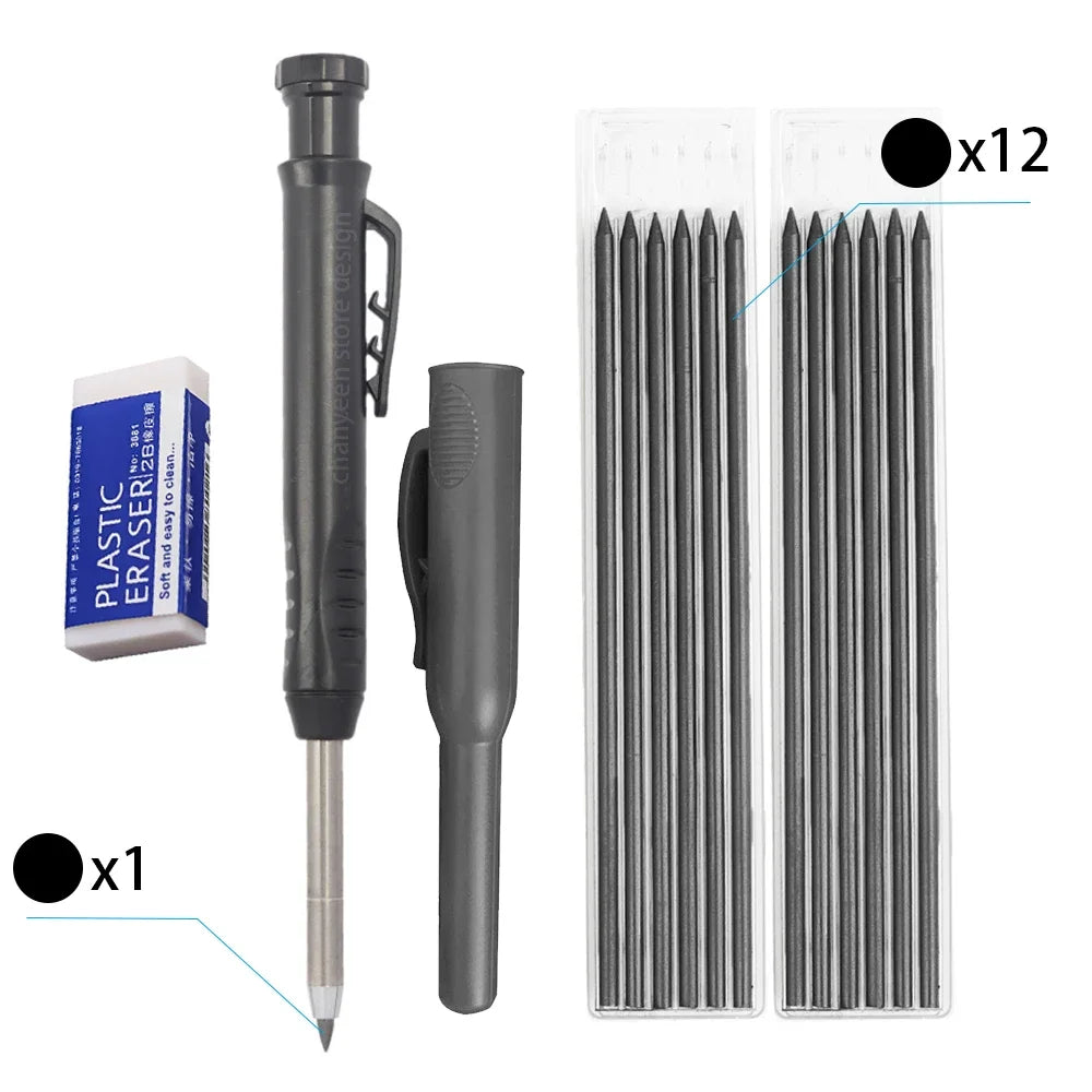 A set of precision carpenter pencils with twelve refills shown in a clear plastic container and an extra pencil.