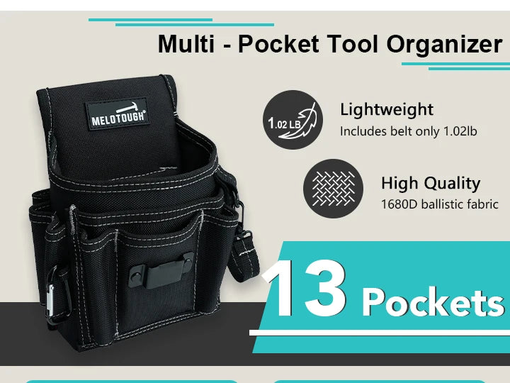 A black Multi Pocket Tool Organizer featuring 13 pockets and made with lightweight, high-quality ballistic fabric.