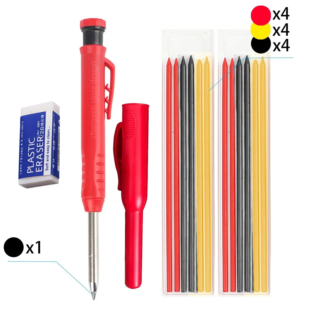 A set of precision carpenter pencils in red and black with yellow refills, packaged for sale.