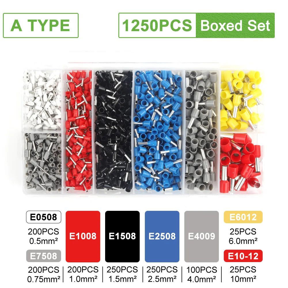 Boxed set of 1250 pieces of various size crimp terminals including silver, red, black, blue, and yellow finishes