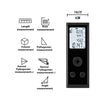 A black precision digital laser distance meter with display showing 10.147 meters and various measurement options.