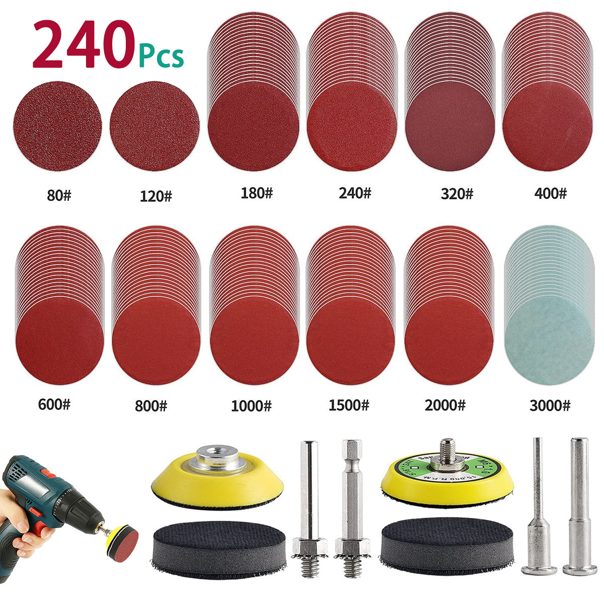 A collection of multi-grit alumina sanding discs ranging from 80 to 3000 grit, along with various rotary tool accessories.