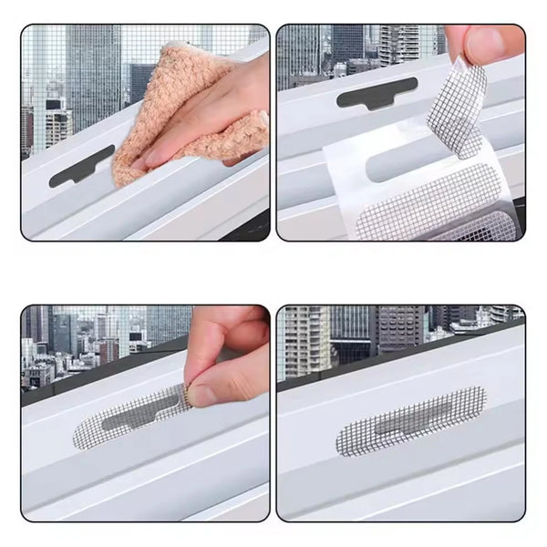 Set zum Reparieren von Fenstergittern, zeigt verschiedene Flicken und Werkzeuge zur Schadensbehebung.