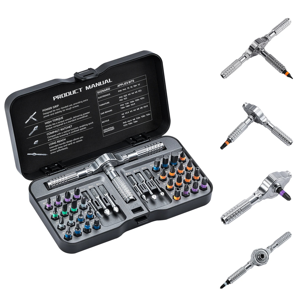 A black precision multi-bit screwdriver set with a magnetic ratchet and various screwdriver bits displayed on a white backgro
