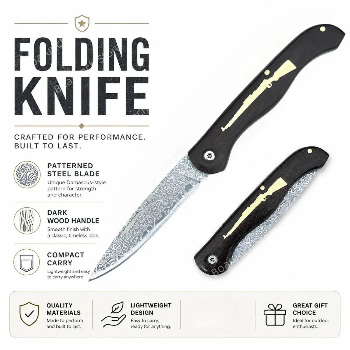 A folding knife with a patterned steel blade and dark wood handle shown in profile.