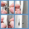 Close-up shots showing magnetic button curtain clips being attached to a white window drapery.