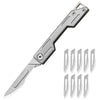 A silver multi-blade folding pocket knife kit with a tactical handle and blade visible.