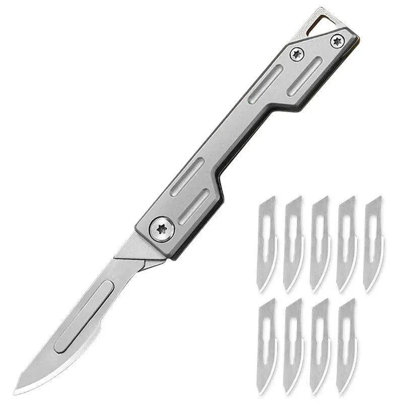 A silver multi-blade folding pocket knife kit with a tactical handle and blade visible.