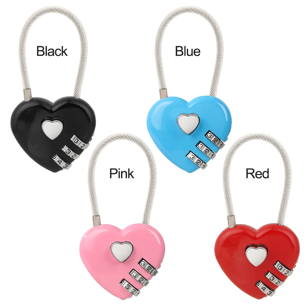 Four heart-shaped combination locks in black, blue, pink, and red with white keys