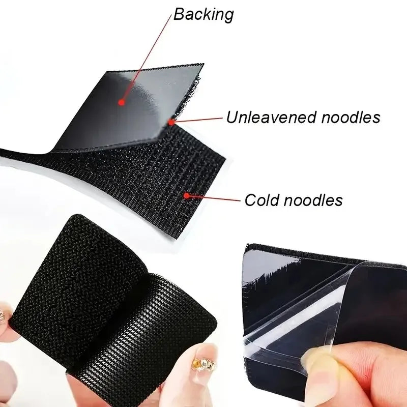 Black double-sided hook and loop carpet fixing tape showing various components like backing, unleavened and cold noodles, and